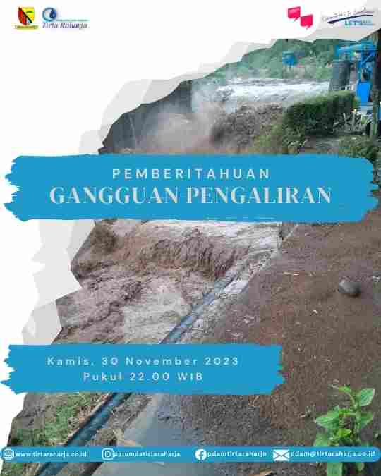 Sehubungan dengan adanya Banjir menyebabkan air baku tersumbat hari Kamis tanggal 30 November 2023 mengakibatkan Wilayah Pelayanan II dan III Ciparay terganggu