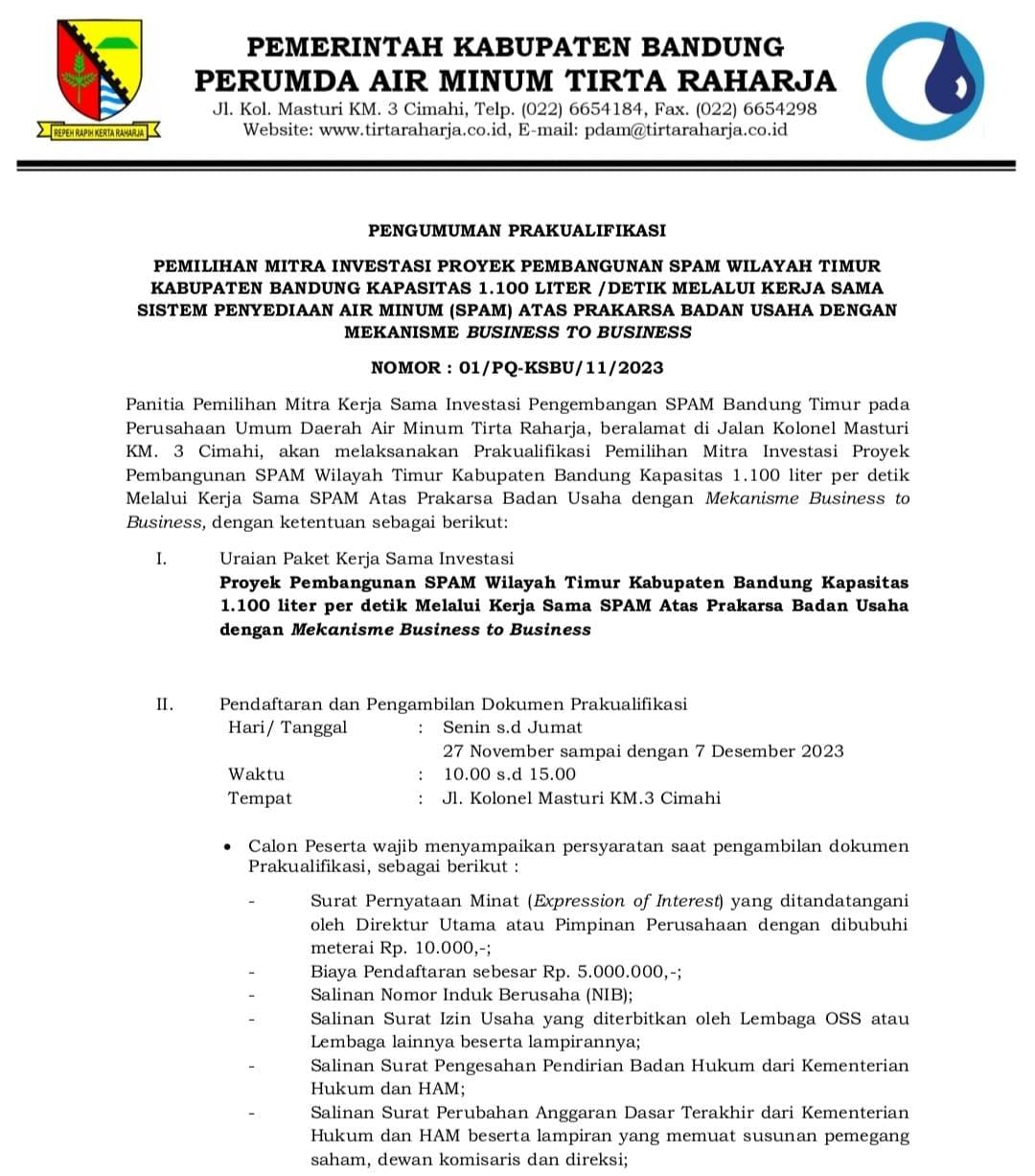 Pengumuman Prakualifikasi Kerja Sama Investasi Pengembangan SPAM Wilayah Timur Kabupaten Bandung Kapasitas 1.100 liter per detik