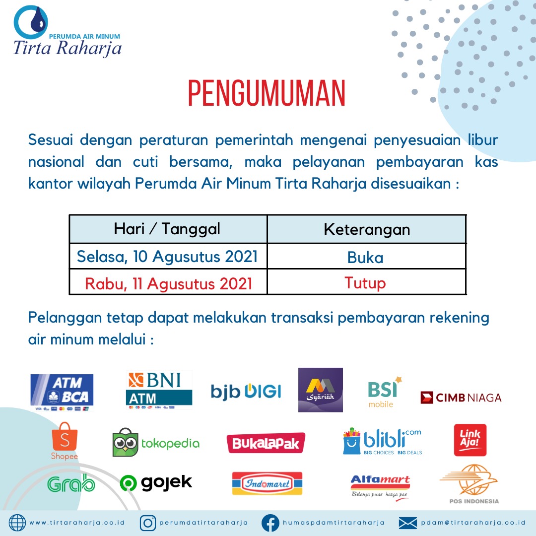 Pelanggan Tetap Dapat Melakukan Transaksi Pembayaran Rekening Air Minum di Hari Libur Nasional 